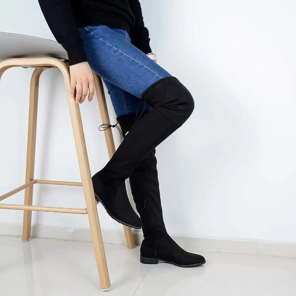 Women's Black-0.98 Inchs Polyurethane (PU) Over Knee High Warm Winter Long Boot